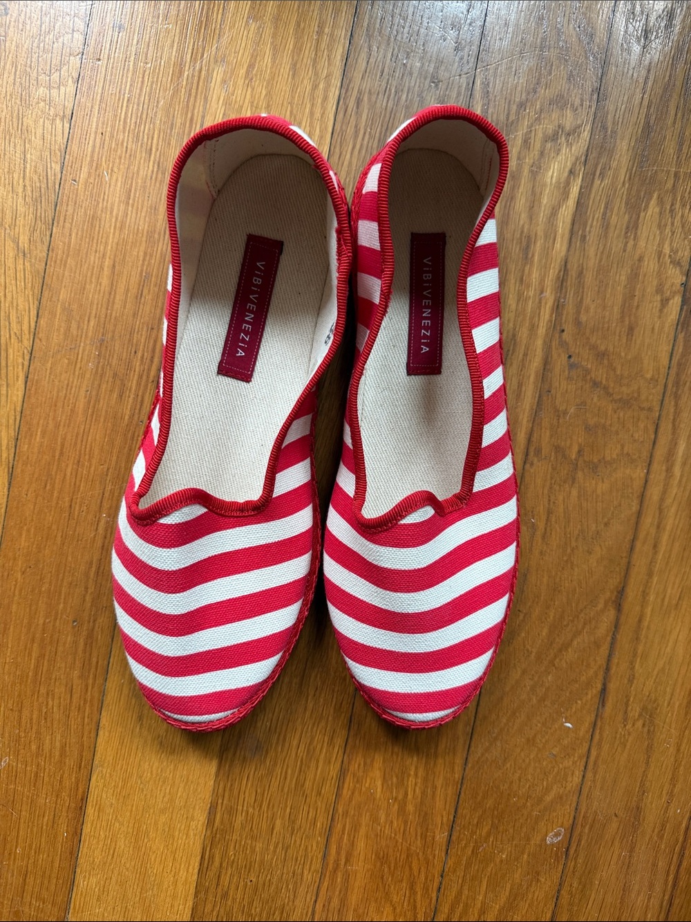 VIBI VENEZIA Red & White Striped Canvas Espadrille Flats